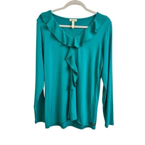 Matilda Jane Britta Teal Long Sleeve Ruffle Blouse Top Size Large - Picture 1 of 4